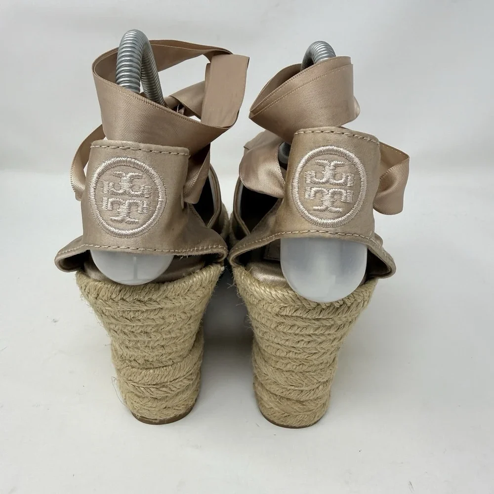 Tory Burch Elisa Wedge Satin Espadrille Soy Latte Size 8.5 Sandals Ankle Ribbon